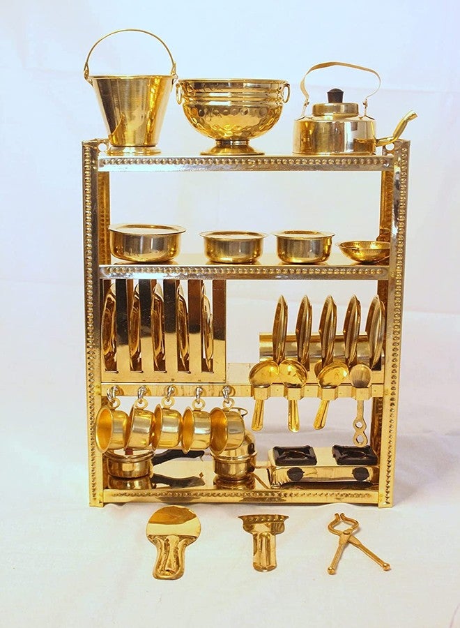Tirtha Enterprises Handcrafted Brass Miniature Kitchen Set/Bhatukali/Toy Set/Home Decor/choppu Jaman/Real Cooking Kit for Play with Brass Stand (Gold 4) - Image 2